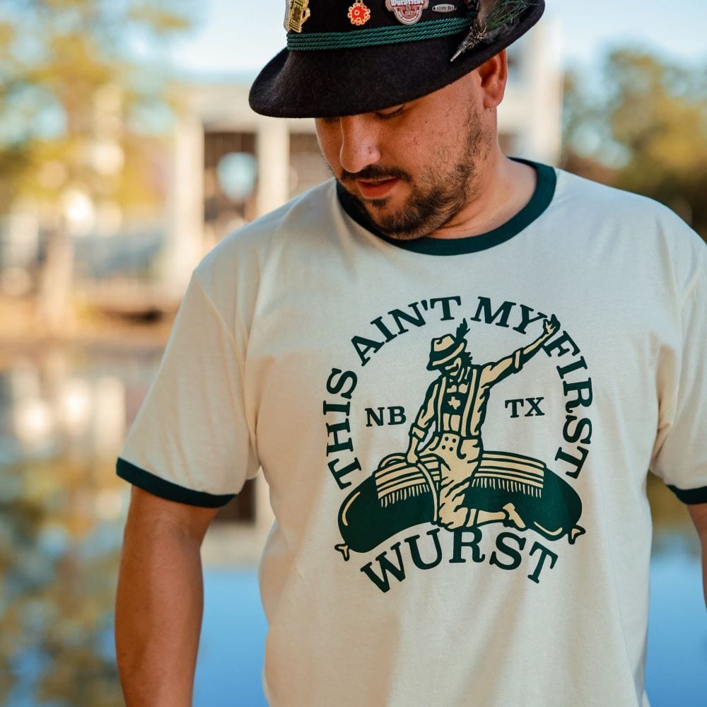 RIVER ROAD CLOTHING Shirts First Wurst Ringer New Braunfels Texas T-Shirt | Cream
