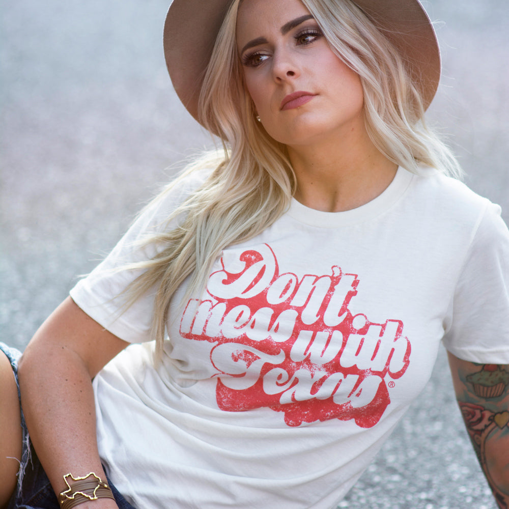 River Road Clothing Don't Mess with Texas t shirt for adults, women and men. Campaign to reduce litter in Texas. Support the lonestar state and look stylish at the same time. Don't Mess with Texas y'all!